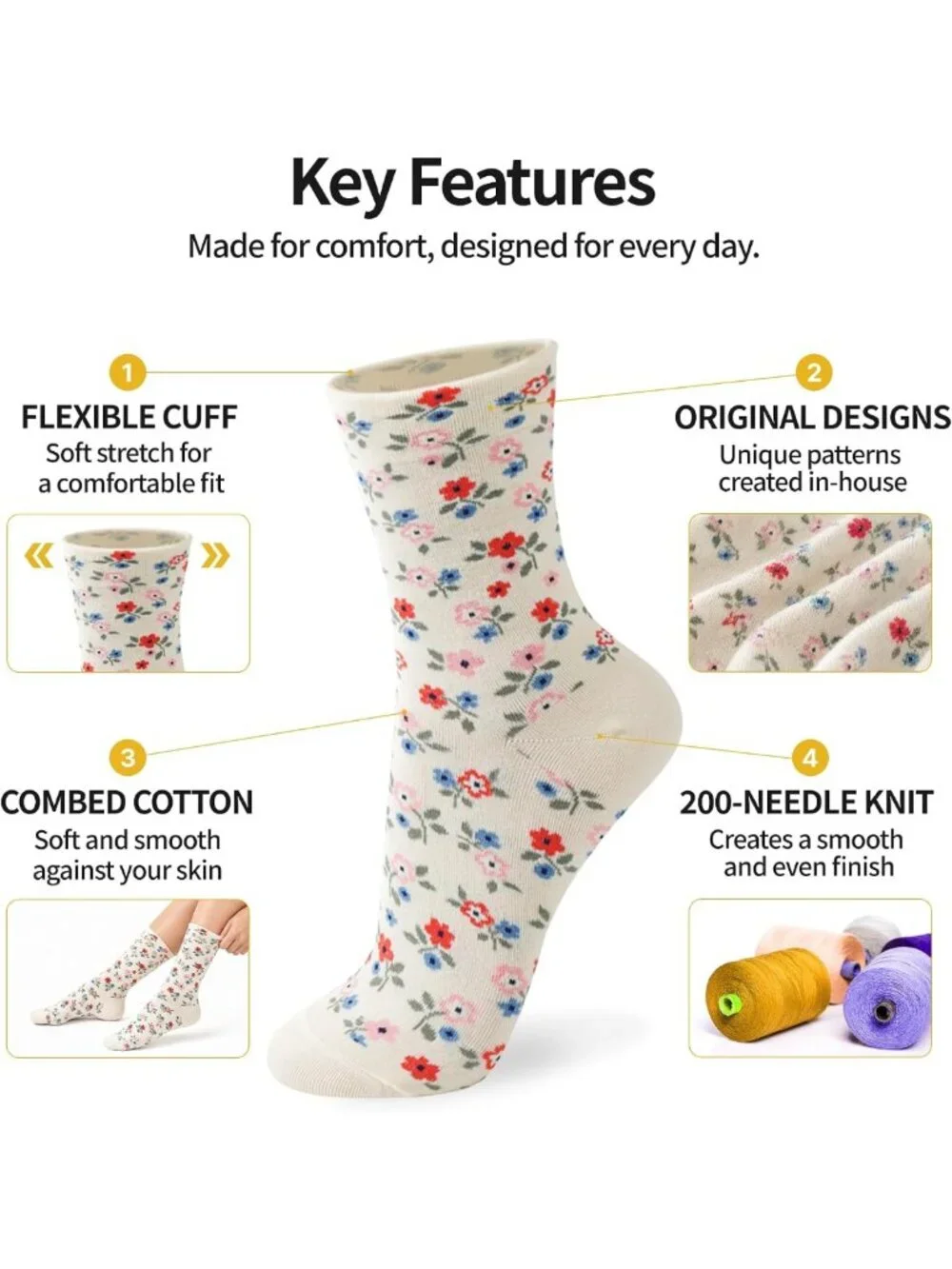 Cute Floral Ruffle Cotton Crew & Ankle Socks, Colorful Tube Size 6-9 for Women